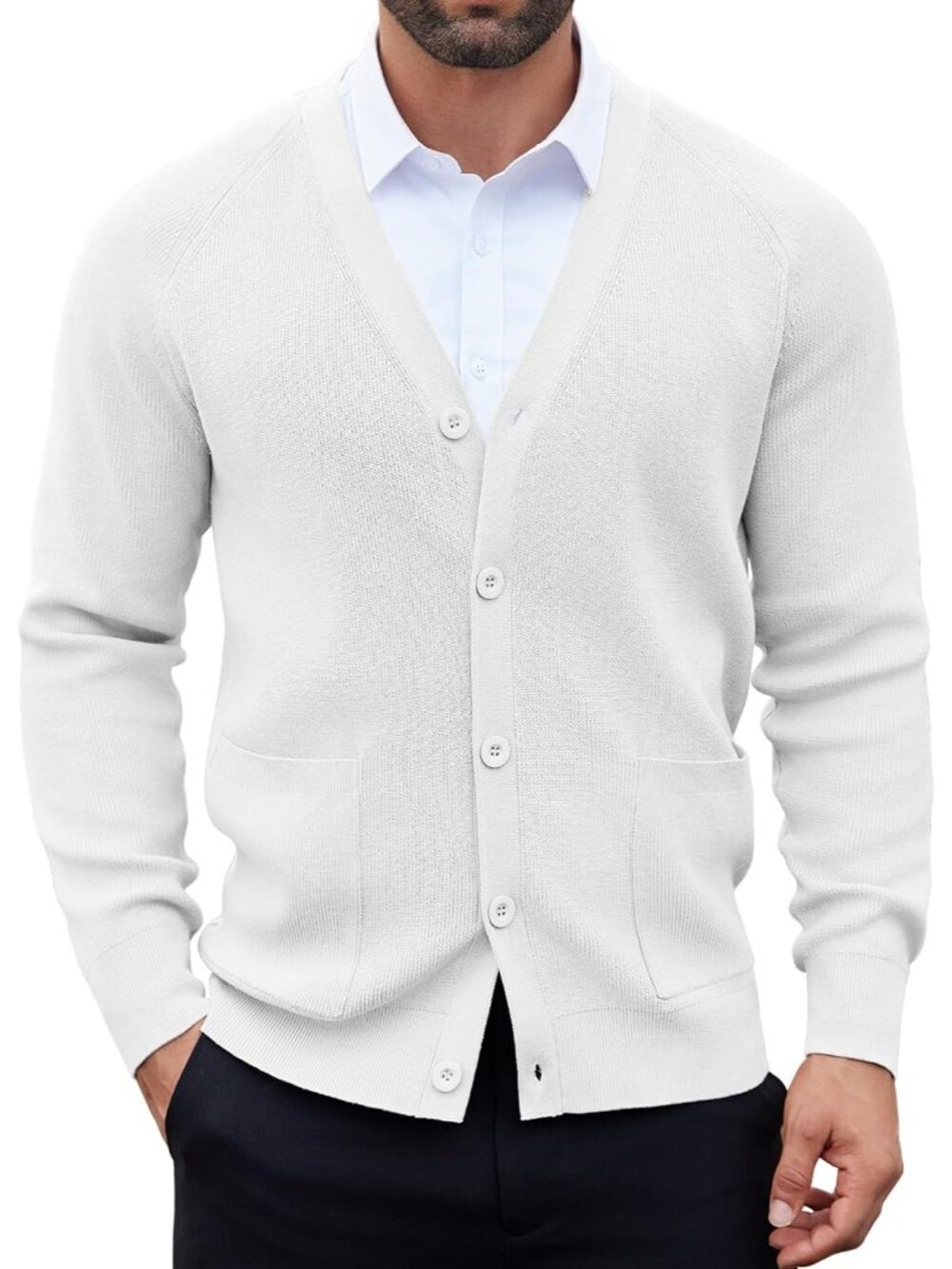 🆕Men's All White Cardigan Sweaters with Button Lightweight V Neck Casual